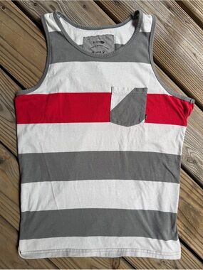 Rusty Men’s Striped Pocket Tank Top Gray Red Sleeveless Surf Beach Casual M